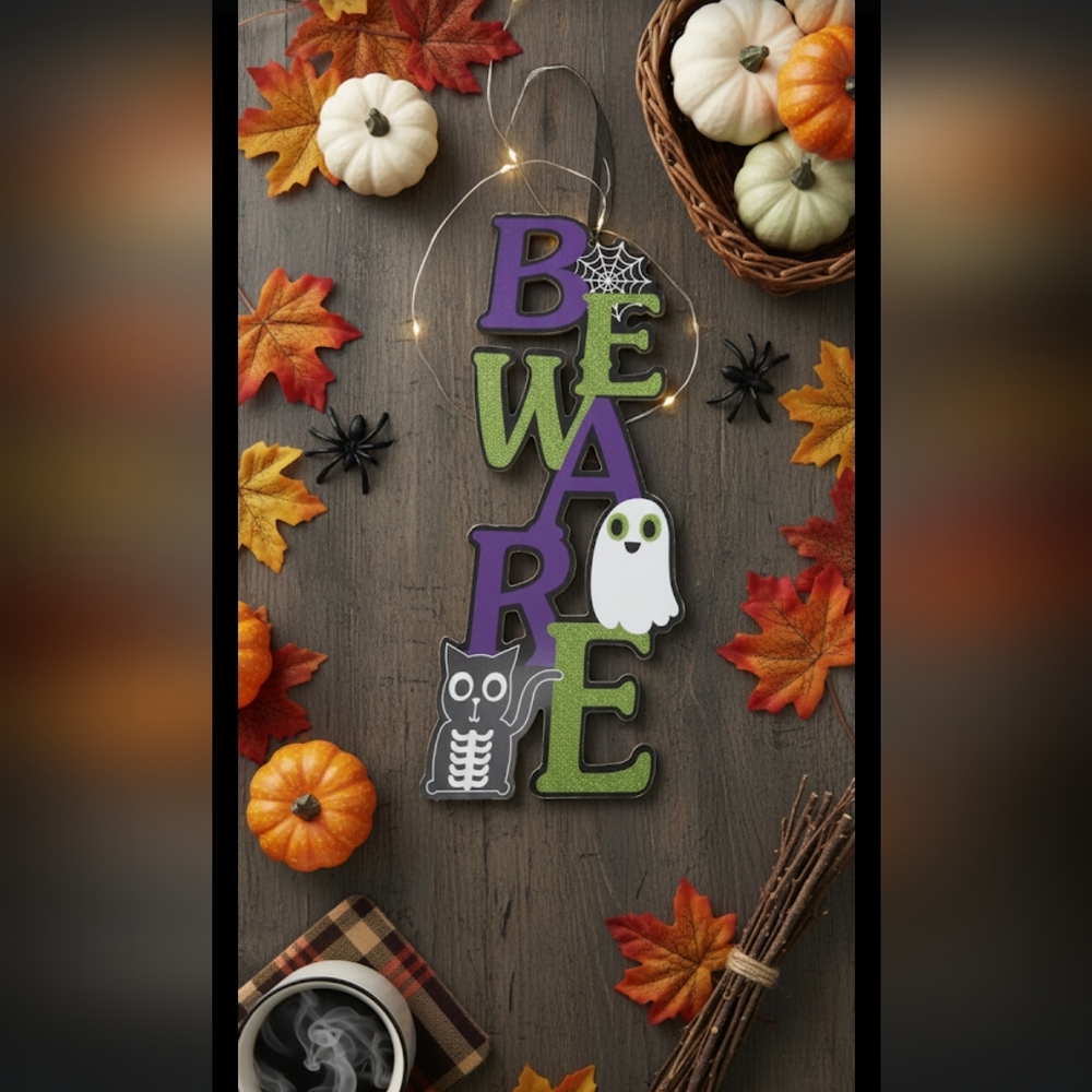 Halloween BEWARE Sign with Ghost and Cat